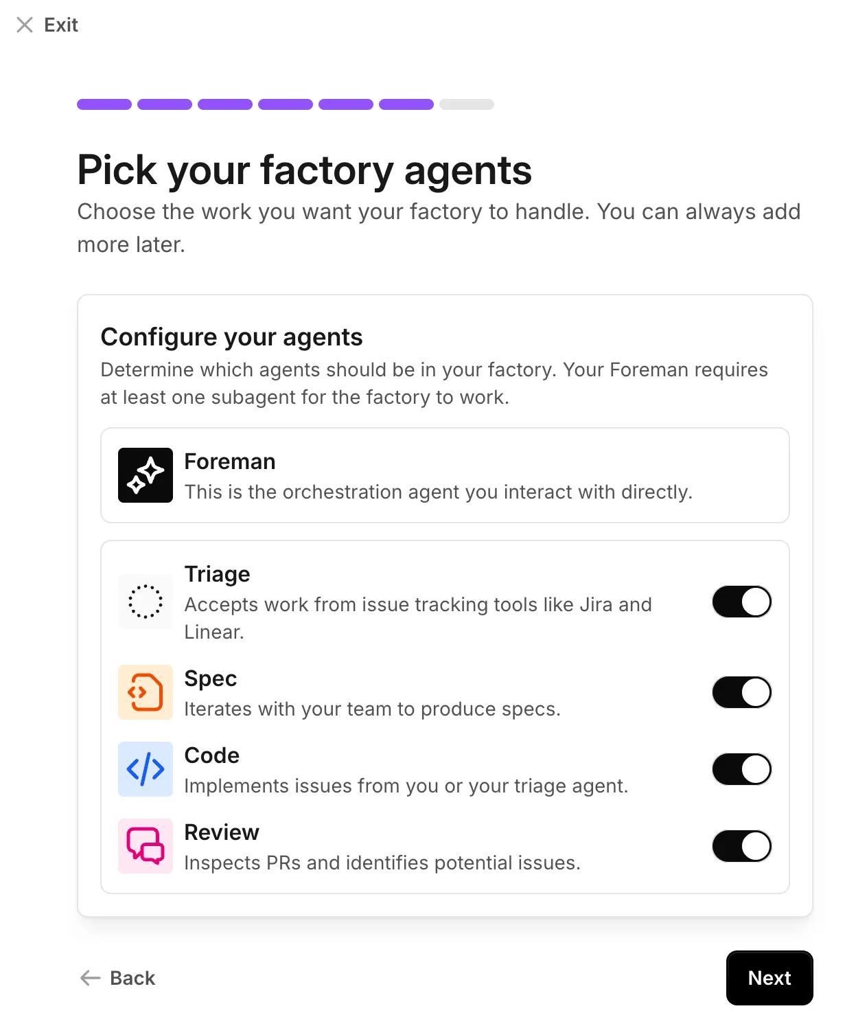 The Pick your factory agents screen, with the Foreman and all four default agents shown as enabled.